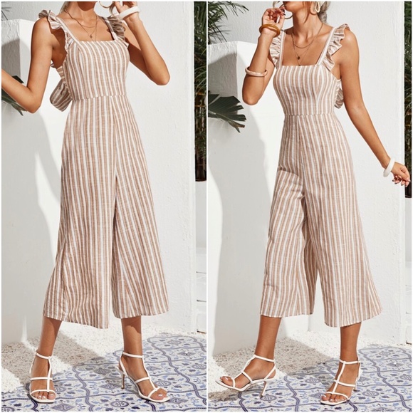 Boho Stripes Ruffle Wide leg Tie Back Jumper Jumpsuit - Picture 2 of 6
